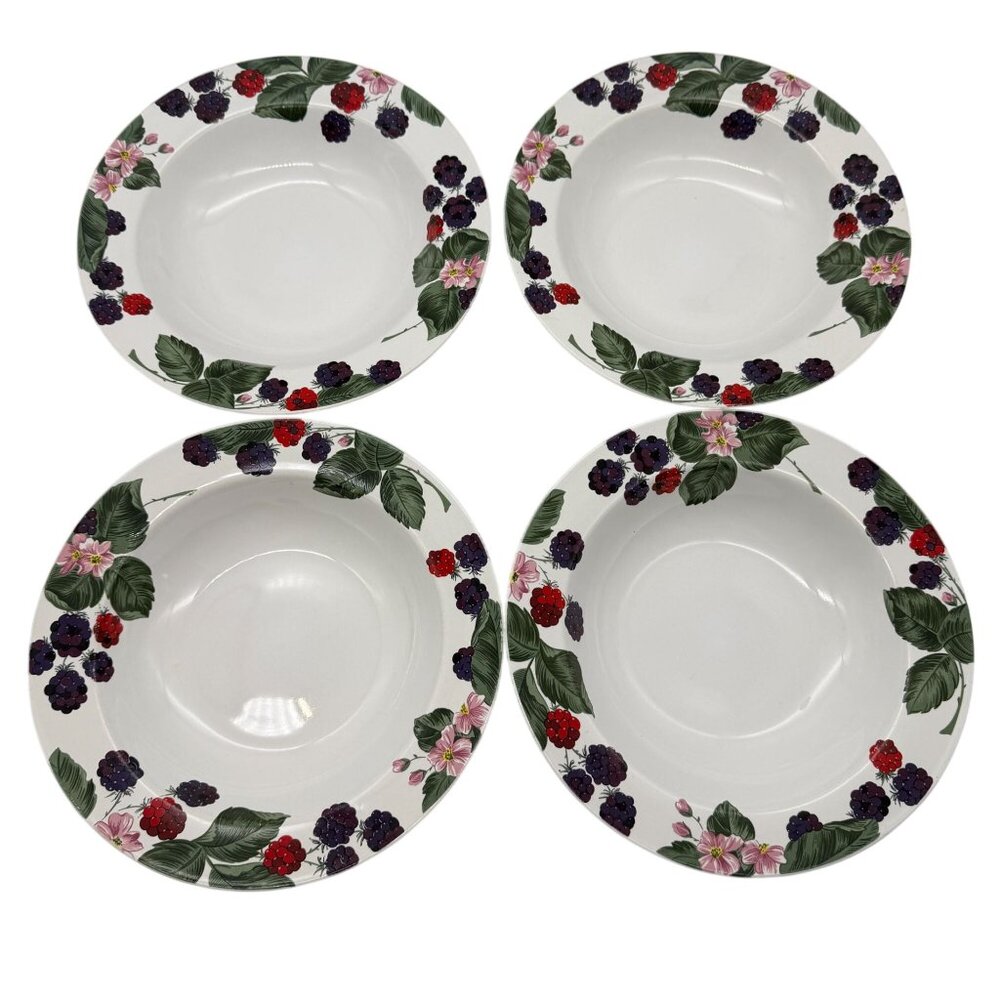 Tienshan Raspberry Social Rim soup bowls lot of four Stoneware replacements